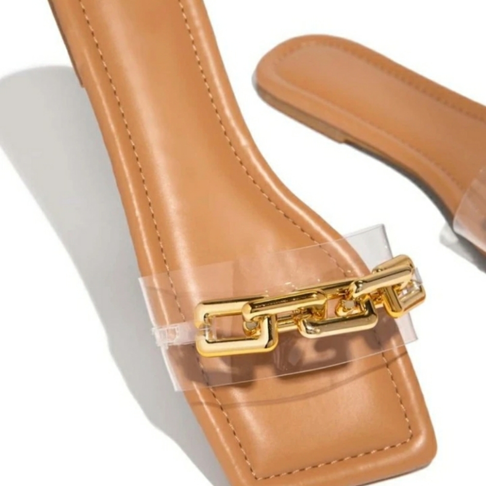 Square Tan Gold Chain Sandals - Picture 2 of 2